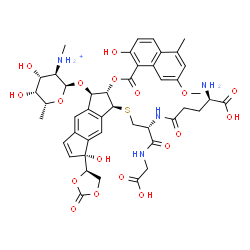 ChemSpider 2D Image | D-gamma-Glutamyl-S-{(1S,2S,3R,7R)-3-{[2,6-dideoxy-2-(methylammonio)-alpha-D-galactopyranosyl]oxy}-7-hydroxy-2-[(2-hydroxy-7-methoxy-5-methyl-1-naphthoyl)oxy]-7-[(4R)-2-oxo-1,3-dioxolan-4-yl]-1,2,3,7-t
etrahydro-s-indacen-1-yl}-L-cysteinylglycine | C45H53N4O18S