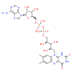 ChemSpider 2D Image | 10-[(2R,4S)-5-{[(R)-{[(S)-{[(2R,3S,4R,5R)-5-(6-Amino-9H-purin-9-yl)-3,4-dihydroxytetrahydro-2-furanyl]methoxy}(hydroxy)phosphoryl]oxy}(hydroxy)phosphoryl]oxy}-2,3,4-trihydroxypentyl]-7,8-dimethyl-2,4-
dioxo-1,2,3,4-tetrahydrobenzo[g]pteridin-10-ium | C27H34N9O15P2