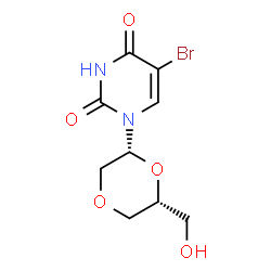 ChemSpider 2D Image | 5-Bromo-1-[(2R,6R)-6-(hydroxymethyl)-1,4-dioxan-2-yl]-2,4(1H,3H)-pyrimidinedione | C9H11BrN2O5