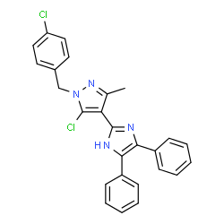 ChemSpider 2D Image | 5-Chloro-1-(4-chlorobenzyl)-4-(4,5-diphenyl-1H-imidazol-2-yl)-3-methyl-1H-pyrazole | C26H20Cl2N4