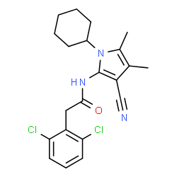 ChemSpider 2D Image | N-(3-Cyano-1-cyclohexyl-4,5-dimethyl-1H-pyrrol-2-yl)-2-(2,6-dichlorophenyl)acetamide | C21H23Cl2N3O
