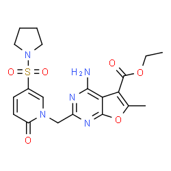 ChemSpider 2D Image | Ethyl 4-amino-6-methyl-2-{[2-oxo-5-(1-pyrrolidinylsulfonyl)-1(2H)-pyridinyl]methyl}furo[2,3-d]pyrimidine-5-carboxylate | C20H23N5O6S
