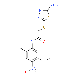 ChemSpider 2D Image | 2-[(5-Amino-1,3,4-thiadiazol-2-yl)sulfanyl]-N-(5-methoxy-2-methyl-4-nitrophenyl)acetamide | C12H13N5O4S2
