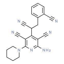 ChemSpider 2D Image | 2-Amino-4-[1-cyano-2-(2-cyanophenyl)ethyl]-6-(1-piperidinyl)-3,5-pyridinedicarbonitrile | C22H19N7