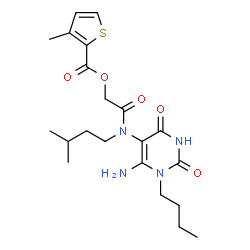 ChemSpider 2D Image | 2-[(6-Amino-1-butyl-2,4-dioxo-1,2,3,4-tetrahydro-5-pyrimidinyl)(3-methylbutyl)amino]-2-oxoethyl 3-methyl-2-thiophenecarboxylate | C21H30N4O5S