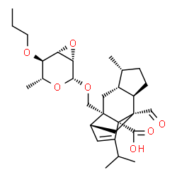 ChemSpider 2D Image | (1R,2S,4R,5R,8R,9S,11R)-2-{[(2,3-Anhydro-6-deoxy-4-O-propyl-beta-D-mannopyranosyl)oxy]methyl}-9-formyl-13-isopropyl-5-methyltetracyclo[7.4.0.0~2,11~.0~4,8~]tridec-12-ene-1-carboxylic acid | C29H42O7