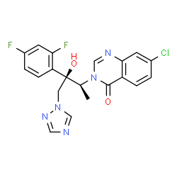 ChemSpider 2D Image | 7-Chloro-3-[(2S,3R)-3-(2,4-difluorophenyl)-3-hydroxy-4-(1H-1,2,4-triazol-1-yl)-2-butanyl]-4(3H)-quinazolinone | C20H16ClF2N5O2