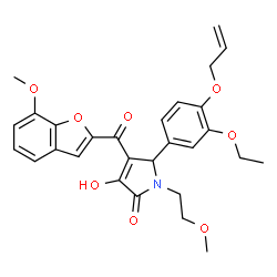 ChemSpider 2D Image | 5-[4-(Allyloxy)-3-ethoxyphenyl]-3-hydroxy-4-[(7-methoxy-1-benzofuran-2-yl)carbonyl]-1-(2-methoxyethyl)-1,5-dihydro-2H-pyrrol-2-one | C28H29NO8