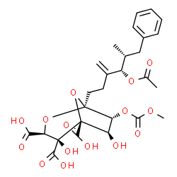 ChemSpider 2D Image | (1S,3S,4S,5R,6R,7R)-1-[(4S,5R)-4-Acetoxy-5-methyl-3-methylene-6-phenylhexyl]-4,6-dihydroxy-7-[(methoxycarbonyl)oxy]-2,8-dioxabicyclo[3.2.1]octane-3,4,5-tricarboxylic acid | C27H32O15