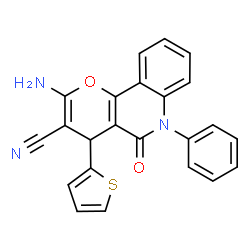 ChemSpider 2D Image | 2-Amino-5-oxo-6-phenyl-4-(2-thienyl)-5,6-dihydro-4H-pyrano[3,2-c]quinoline-3-carbonitrile | C23H15N3O2S