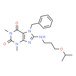 ChemSpider 2D Image | 7-Benzyl-8-[(3-isopropoxypropyl)amino]-1,3-dimethyl-3,7-dihydro-1H-purine-2,6-dione | C20H27N5O3