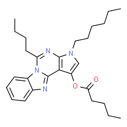ChemSpider 2D Image | 5-Butyl-3-hexyl-3H-pyrrolo[2',3':4,5]pyrimido[1,6-a]benzimidazol-1-yl valerate | C27H36N4O2