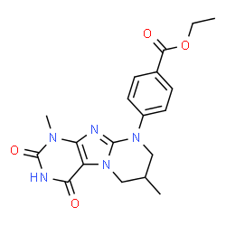 ChemSpider 2D Image | Ethyl 4-(1,7-dimethyl-2,4-dioxo-1,2,3,4,7,8-hexahydropyrimido[2,1-f]purin-9(6H)-yl)benzoate | C19H21N5O4