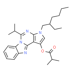 ChemSpider 2D Image | 3-(2-Ethylhexyl)-5-isopropyl-3H-pyrrolo[2',3':4,5]pyrimido[1,6-a]benzimidazol-1-yl 2-methylpropanoate | C27H36N4O2