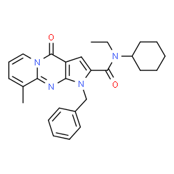 ChemSpider 2D Image | 1-Benzyl-N-cyclohexyl-N-ethyl-9-methyl-4-oxo-1,4-dihydropyrido[1,2-a]pyrrolo[2,3-d]pyrimidine-2-carboxamide | C27H30N4O2
