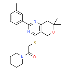 ChemSpider 2D Image | 2-{[7,7-Dimethyl-2-(3-methylphenyl)-7,8-dihydro-5H-pyrano[4,3-d]pyrimidin-4-yl]sulfanyl}-1-(1-piperidinyl)ethanone | C23H29N3O2S