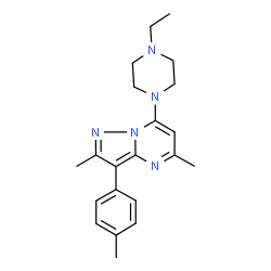 ChemSpider 2D Image | 7-(4-Ethyl-1-piperazinyl)-2,5-dimethyl-3-(4-methylphenyl)pyrazolo[1,5-a]pyrimidine | C21H27N5