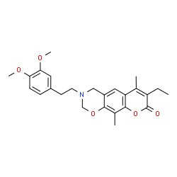ChemSpider 2D Image | 3-[2-(3,4-Dimethoxyphenyl)ethyl]-7-ethyl-6,10-dimethyl-3,4-dihydro-2H,8H-chromeno[6,7-e][1,3]oxazin-8-one | C25H29NO5