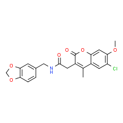 ChemSpider 2D Image | N-(1,3-Benzodioxol-5-ylmethyl)-2-(6-chloro-7-methoxy-4-methyl-2-oxo-2H-chromen-3-yl)acetamide | C21H18ClNO6