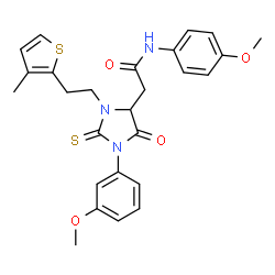 ChemSpider 2D Image | N-(4-Methoxyphenyl)-2-{1-(3-methoxyphenyl)-3-[2-(3-methyl-2-thienyl)ethyl]-5-oxo-2-thioxo-4-imidazolidinyl}acetamide | C26H27N3O4S2