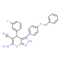 ChemSpider 2D Image | 6-Amino-3-[4-(benzyloxy)phenyl]-4-(3-fluorophenyl)-2,4-dihydropyrano[2,3-c]pyrazole-5-carbonitrile | C26H19FN4O2
