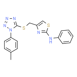ChemSpider 2D Image | 4-({[1-(4-Methylphenyl)-1H-tetrazol-5-yl]sulfanyl}methyl)-N-phenyl-1,3-thiazol-2-amine | C18H16N6S2