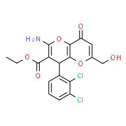 ChemSpider 2D Image | Ethyl 2-amino-4-(2,3-dichlorophenyl)-6-(hydroxymethyl)-8-oxo-4,8-dihydropyrano[3,2-b]pyran-3-carboxylate | C18H15Cl2NO6
