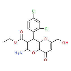 ChemSpider 2D Image | Ethyl 2-amino-4-(2,4-dichlorophenyl)-6-(hydroxymethyl)-8-oxo-4,8-dihydropyrano[3,2-b]pyran-3-carboxylate | C18H15Cl2NO6