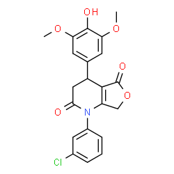 ChemSpider 2D Image | 1-(3-Chlorophenyl)-4-(4-hydroxy-3,5-dimethoxyphenyl)-4,7-dihydrofuro[3,4-b]pyridine-2,5(1H,3H)-dione | C21H18ClNO6