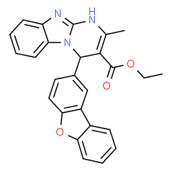 ChemSpider 2D Image | Ethyl 4-(dibenzo[b,d]furan-2-yl)-2-methyl-1,4-dihydropyrimido[1,2-a]benzimidazole-3-carboxylate | C26H21N3O3