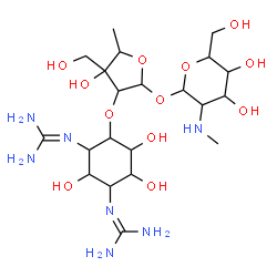 ChemSpider 2D Image | 2-O-{2,4-Bis[(diaminomethylene)amino]-3,5,6-trihydroxycyclohexyl}-5-deoxy-3-C-(hydroxymethyl)pentofuranosyl 2-deoxy-2-(methylamino)hexopyranoside | C21H41N7O12