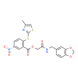 ChemSpider 2D Image | 2-[(1,3-Benzodioxol-5-ylmethyl)amino]-2-oxoethyl 2-[(4-methyl-1,3-thiazol-2-yl)sulfanyl]-5-nitrobenzoate | C21H17N3O7S2