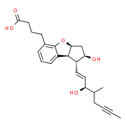 ChemSpider 2D Image | 4-{(1R,2R,3aS,8bS)-2-Hydroxy-1-[(1E,3R)-3-hydroxy-4-methyl-1-octen-6-yn-1-yl]-2,3,3a,8b-tetrahydro-1H-benzo[b]cyclopenta[d]furan-5-yl}butanoic acid | C24H30O5