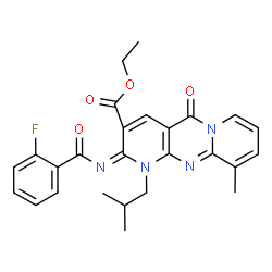 ChemSpider 2D Image | Ethyl (2E)-2-[(2-fluorobenzoyl)imino]-1-isobutyl-10-methyl-5-oxo-1,5-dihydro-2H-dipyrido[1,2-a:2',3'-d]pyrimidine-3-carboxylate | C26H25FN4O4