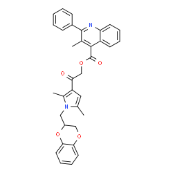ChemSpider 2D Image | 2-[1-(2,3-Dihydro-1,4-benzodioxin-2-ylmethyl)-2,5-dimethyl-1H-pyrrol-3-yl]-2-oxoethyl 3-methyl-2-phenyl-4-quinolinecarboxylate | C34H30N2O5