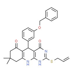 ChemSpider 2D Image | 2-(Allylsulfanyl)-5-[3-(benzyloxy)phenyl]-8,8-dimethyl-5,8,9,10-tetrahydropyrimido[4,5-b]quinoline-4,6(1H,7H)-dione | C29H29N3O3S