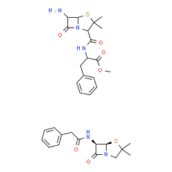 ChemSpider 2D Image | Methyl N-[(6-amino-3,3-dimethyl-7-oxo-4-thia-1-azabicyclo[3.2.0]hept-2-yl)carbonyl]phenylalaninate - N-[(5R,6R)-3,3-dimethyl-7-oxo-4-thia-1-azabicyclo[3.2.0]hept-6-yl]-2-phenylacetamide (1:1) | C33H41N5O6S2