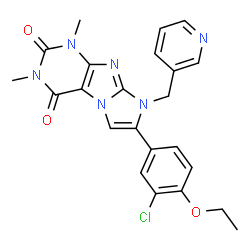 ChemSpider 2D Image | 7-(3-Chloro-4-ethoxyphenyl)-1,3-dimethyl-8-(3-pyridinylmethyl)-1H-imidazo[2,1-f]purine-2,4(3H,8H)-dione | C23H21ClN6O3