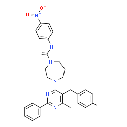 ChemSpider 2D Image | 4-[5-(4-Chlorobenzyl)-6-methyl-2-phenyl-4-pyrimidinyl]-N-(4-nitrophenyl)-1,4-diazepane-1-carboxamide | C30H29ClN6O3