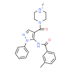 ChemSpider 2D Image | 1-Methyl-4-({5-[(3-methylbenzoyl)amino]-1-phenyl-1H-pyrazol-4-yl}carbonyl)piperazin-1-ium | C23H26N5O2