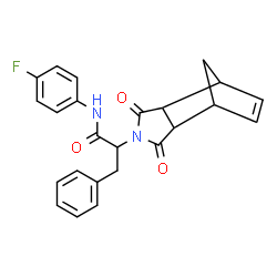 ChemSpider 2D Image | 2-(3,5-Dioxo-4-azatricyclo[5.2.1.0~2,6~]dec-8-en-4-yl)-N-(4-fluorophenyl)-3-phenylpropanamide | C24H21FN2O3