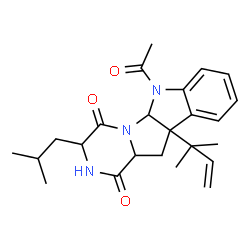 ChemSpider 2D Image | 6-Acetyl-3-isobutyl-10b-(2-methyl-3-buten-2-yl)-6,10b,11,11a-tetrahydro-2H-pyrazino[1',2':1,5]pyrrolo[2,3-b]indole-1,4(3H,5aH)-dione | C24H31N3O3
