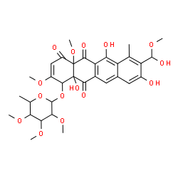 ChemSpider 2D Image | 6,9,12a-Trihydroxy-8-[hydroxy(methoxy)methyl]-2,4a-dimethoxy-7-methyl-4,5,12-trioxo-1,4,4a,5,12,12a-hexahydro-1-tetracenyl 6-deoxy-2,3,4-tri-O-methylhexopyranoside | C32H38O15