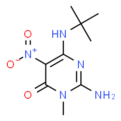 ChemSpider 2D Image | 2-Amino-6-(tert-butylamino)-3-methyl-5-nitropyrimidin-4(3H)-one | C9H15N5O3