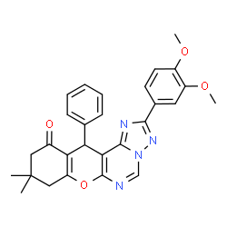 ChemSpider 2D Image | 2-(3,4-Dimethoxyphenyl)-9,9-dimethyl-12-phenyl-8,9,10,12-tetrahydro-11H-chromeno[3,2-e][1,2,4]triazolo[1,5-c]pyrimidin-11-one | C28H26N4O4