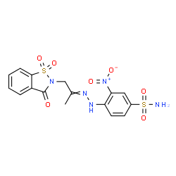 ChemSpider 2D Image | 4-{2-[1-(1,1-Dioxido-3-oxo-1,2-benzothiazol-2(3H)-yl)-2-propanylidene]hydrazino}-3-nitrobenzenesulfonamide | C16H15N5O7S2