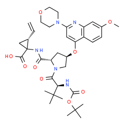 ChemSpider 2D Image | 3-Methyl-N-{[(2-methyl-2-propanyl)oxy]carbonyl}-L-valyl-(4R)-N-[(2R)-1-carboxy-2-vinylcyclopropyl]-4-{[7-methoxy-2-(4-morpholinyl)-4-quinolinyl]oxy}-L-prolinamide | C36H49N5O9