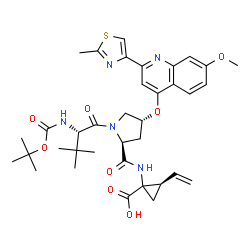 ChemSpider 2D Image | 3-Methyl-N-{[(2-methyl-2-propanyl)oxy]carbonyl}-L-valyl-(4R)-N-[(2R)-1-carboxy-2-vinylcyclopropyl]-4-{[7-methoxy-2-(2-methyl-1,3-thiazol-4-yl)-4-quinolinyl]oxy}-L-prolinamide | C36H45N5O8S