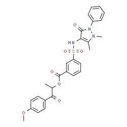 ChemSpider 2D Image | 1-(4-Methoxyphenyl)-1-oxo-2-propanyl 3-[(1,5-dimethyl-3-oxo-2-phenyl-2,3-dihydro-1H-pyrazol-4-yl)sulfamoyl]benzoate | C28H27N3O7S