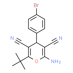 ChemSpider 2D Image | 2-amino-4-(4-bromophenyl)-6-tert-butyl-4H-pyran-3,5-dicarbonitrile | C17H16BrN3O